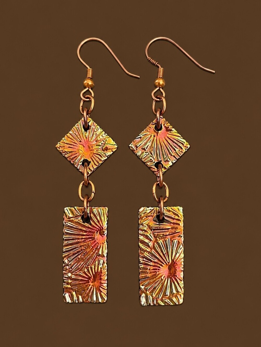 VTG Artisan Copper Dichroic Glass Cubism Dangle Hook Earrings